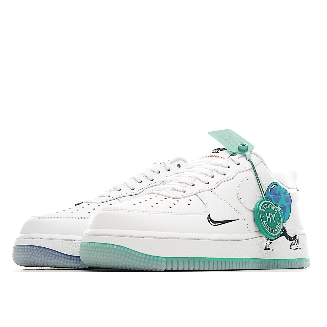 Nike Air Force 1 sneakers, side profile with teal-tinted outsole and swoosh