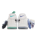 Nike Air Force 1 sneakers, back view with teal trim and two-tone hang tag