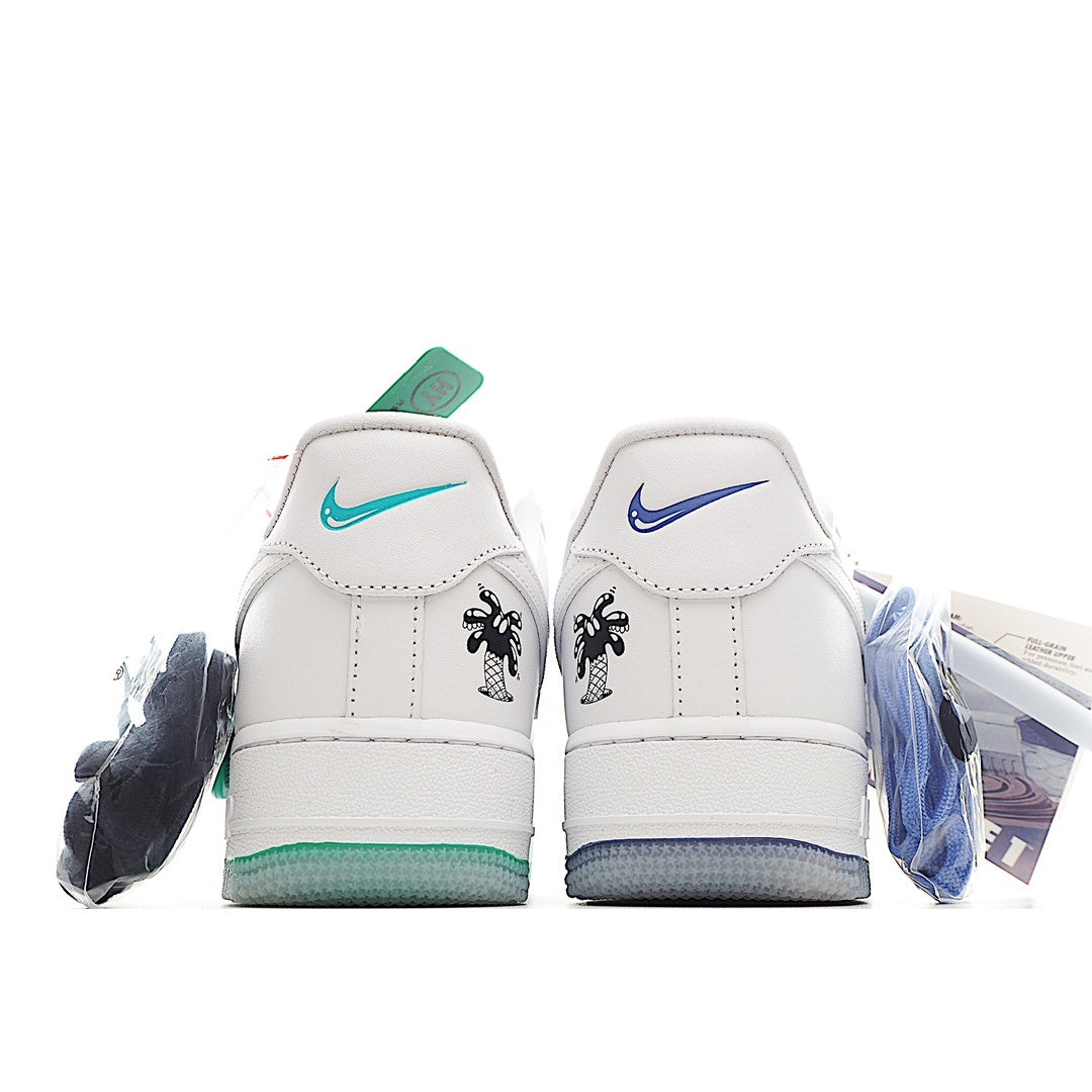 Nike Air Force 1 sneakers, back view with teal trim and two-tone hang tag
