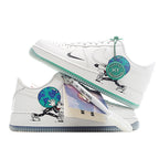 White Nike Air Force 1 sneakers with teal accent and illustrated side panel