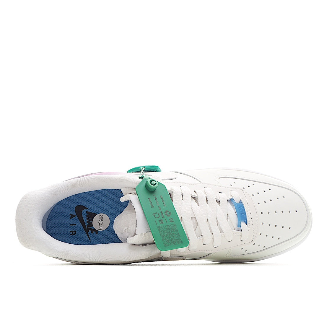 White sneakers with blue interior lining; lace-up upper and teal hang tag detail