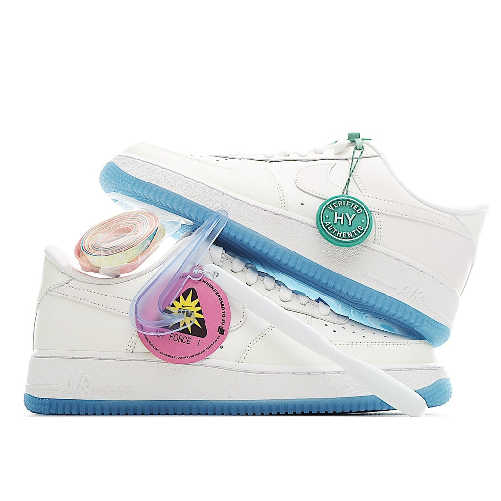 White low-top sneakers with light-blue outsole; visible Verified HY Authentic badge