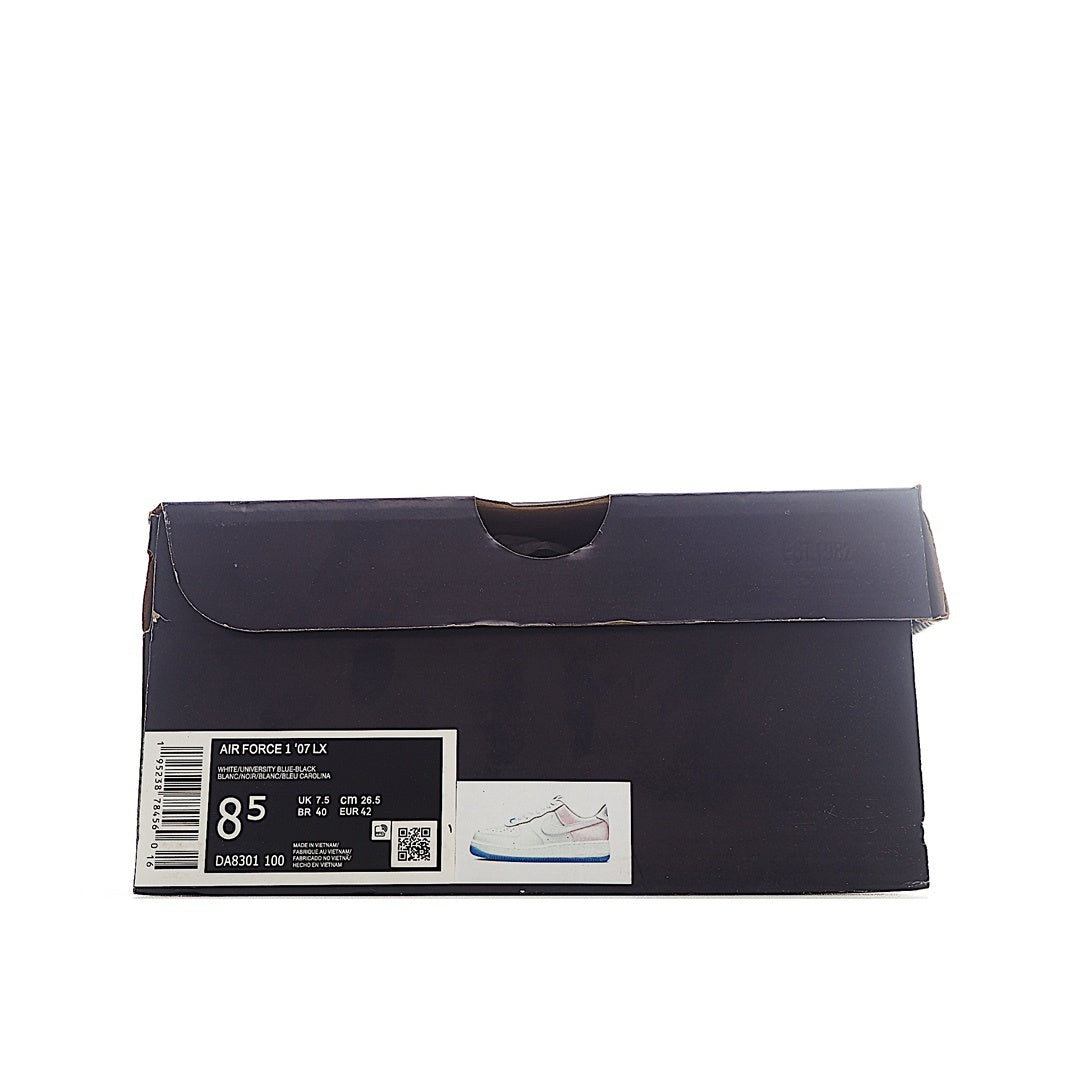 Black shoe box with printed size label and product barcode