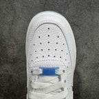 Nike Air Force 1 sneaker toe box close-up with perforations and white laces