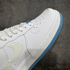 Nike Air Force 1 sneaker midfoot close-up with swoosh and blue outsole edge
