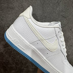 Nike Air Force 1 sneaker lateral view, white leather with blue midsole strip