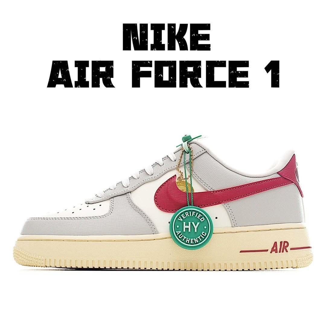 Low-top sneakers with white leather, red side panel, green laces, gum sole, HY tag