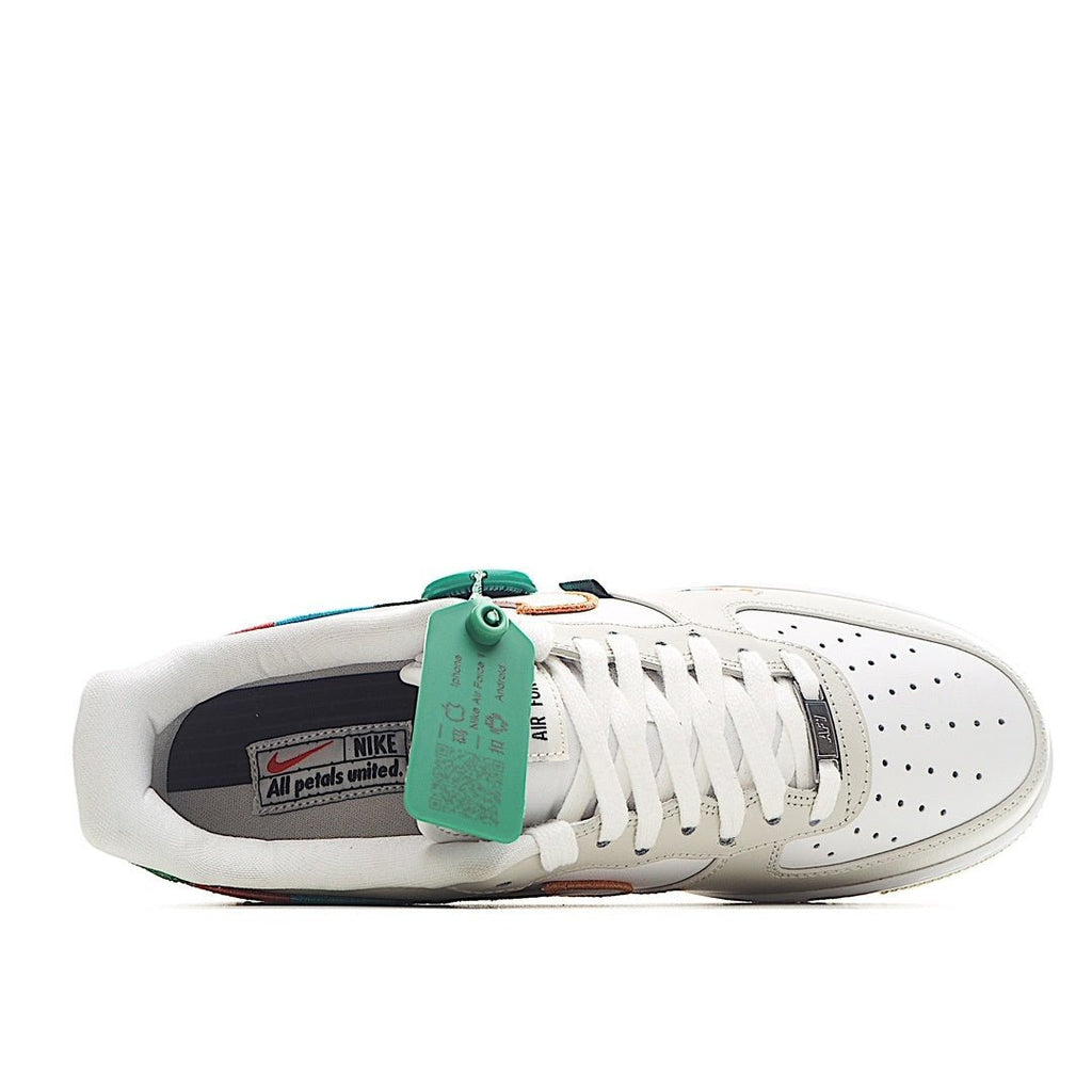 White Air Force 1 sneakers, heel and lace view with teal hang tag