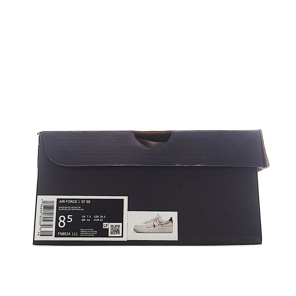 Navy Air Force 1 sneaker box with artwork and size label on the front