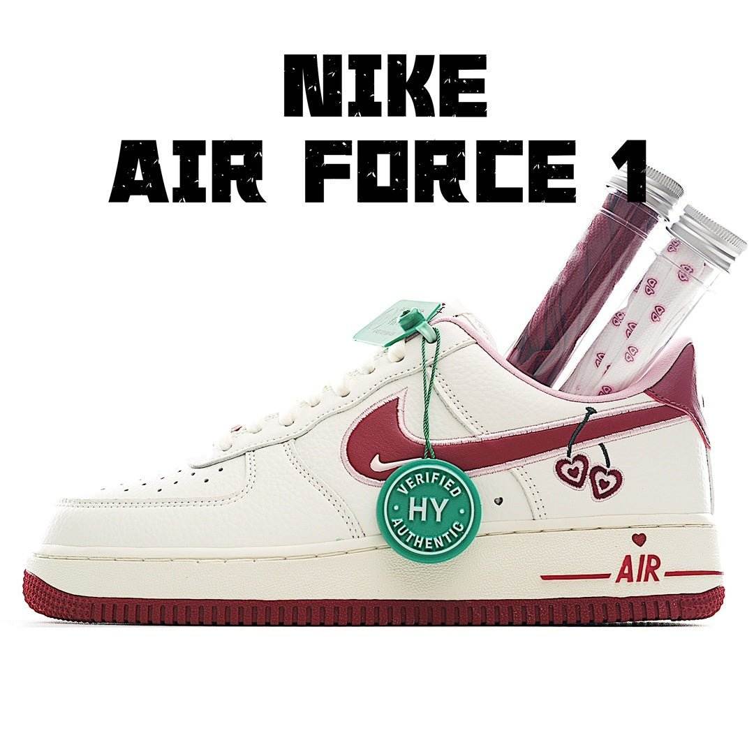Nike Air Force 1 low-top sneakers, white with maroon swoosh, heart accents, green laces