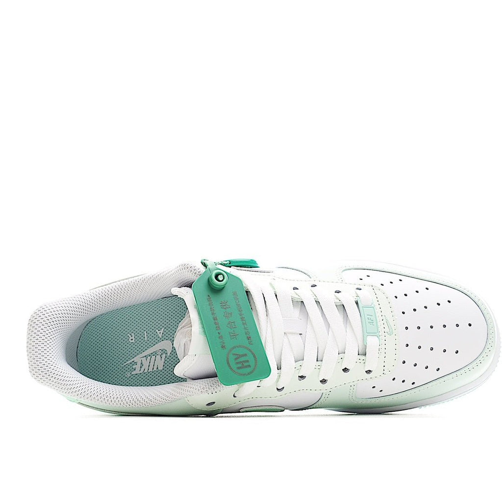 Low-top sneakers, white interior lining with teal insole and mint green lace pull