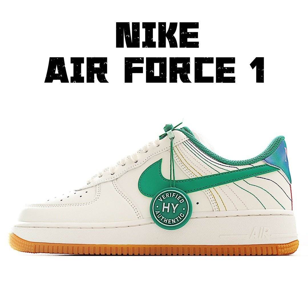 Nike Air Force 1 sneakers, white leather with green swoosh and gum sole