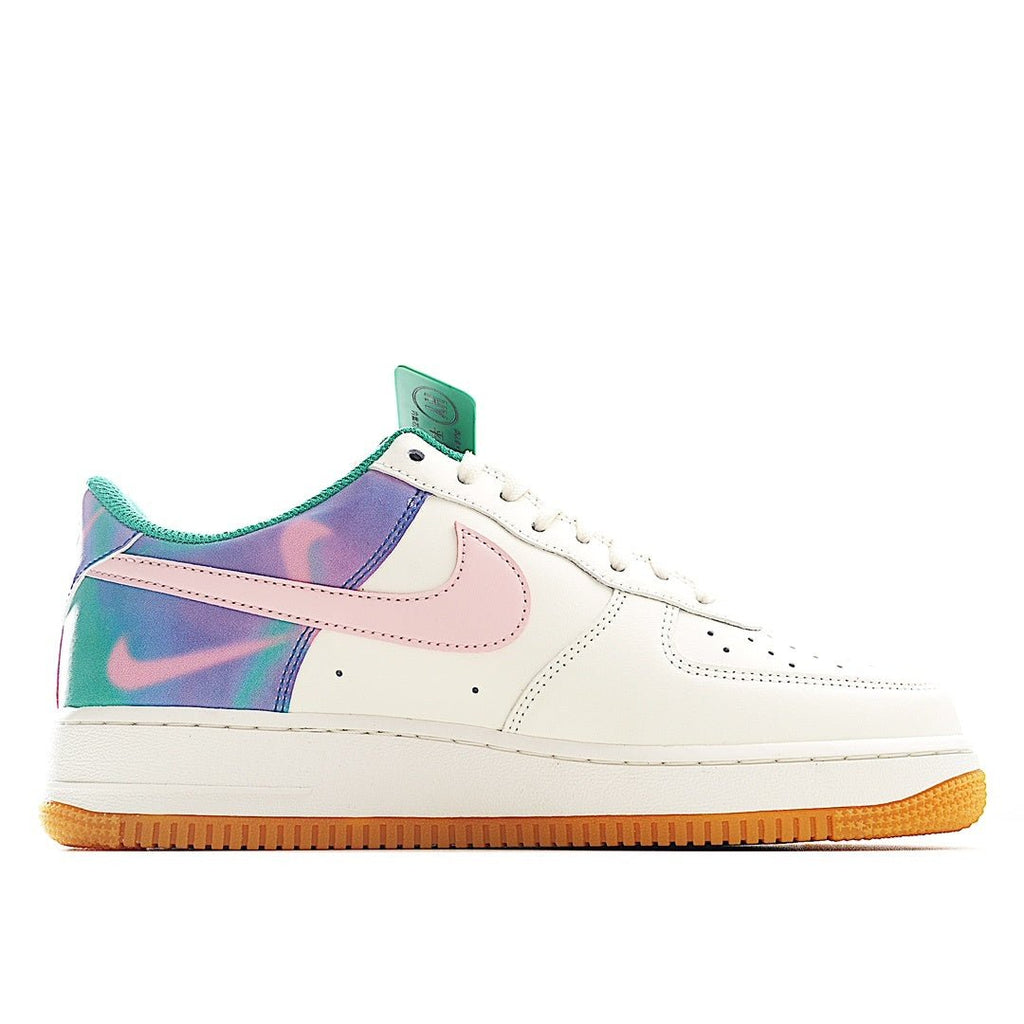 White low-top sneakers with purple-blue gradient overlays, green collar, lace-up front