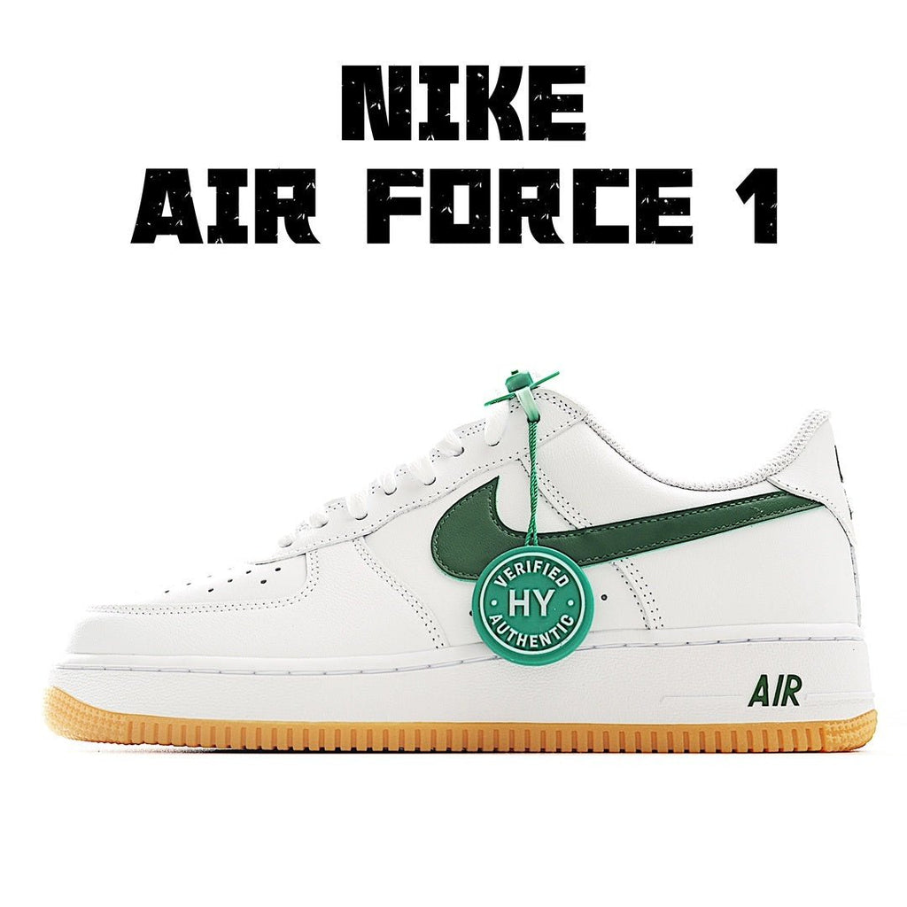 Nike Air Force 1 low-top sneakers, white with green swoosh and tan gum sole