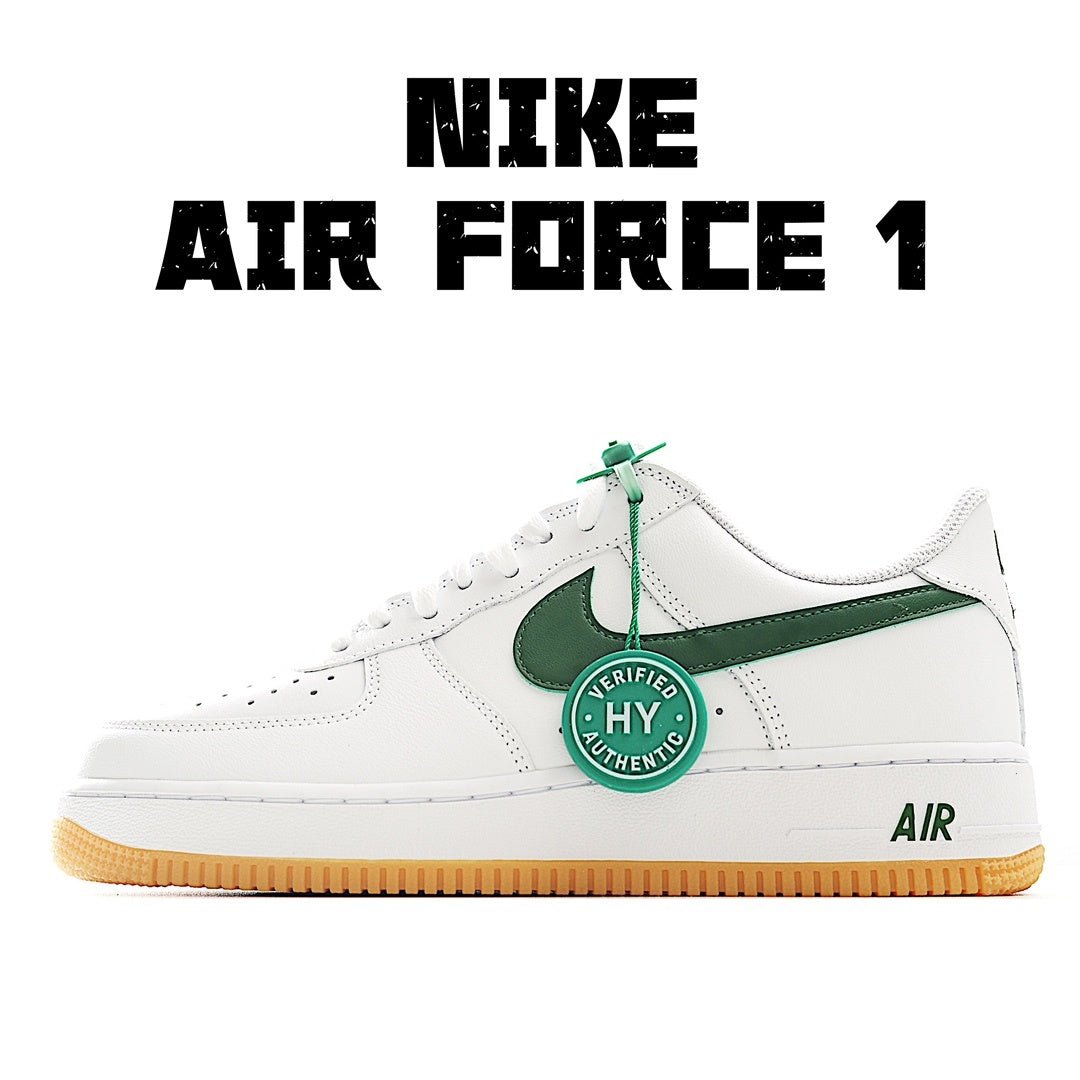 Nike Air Force 1 low-top sneakers, white with green swoosh and tan gum sole