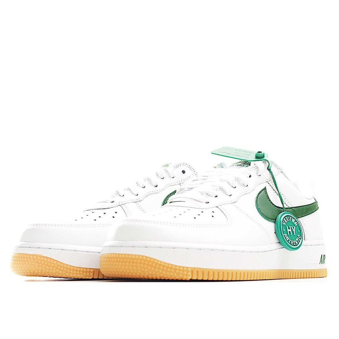 Nike Air Force 1 low-top sneakers, white with green panels and tan gum sole