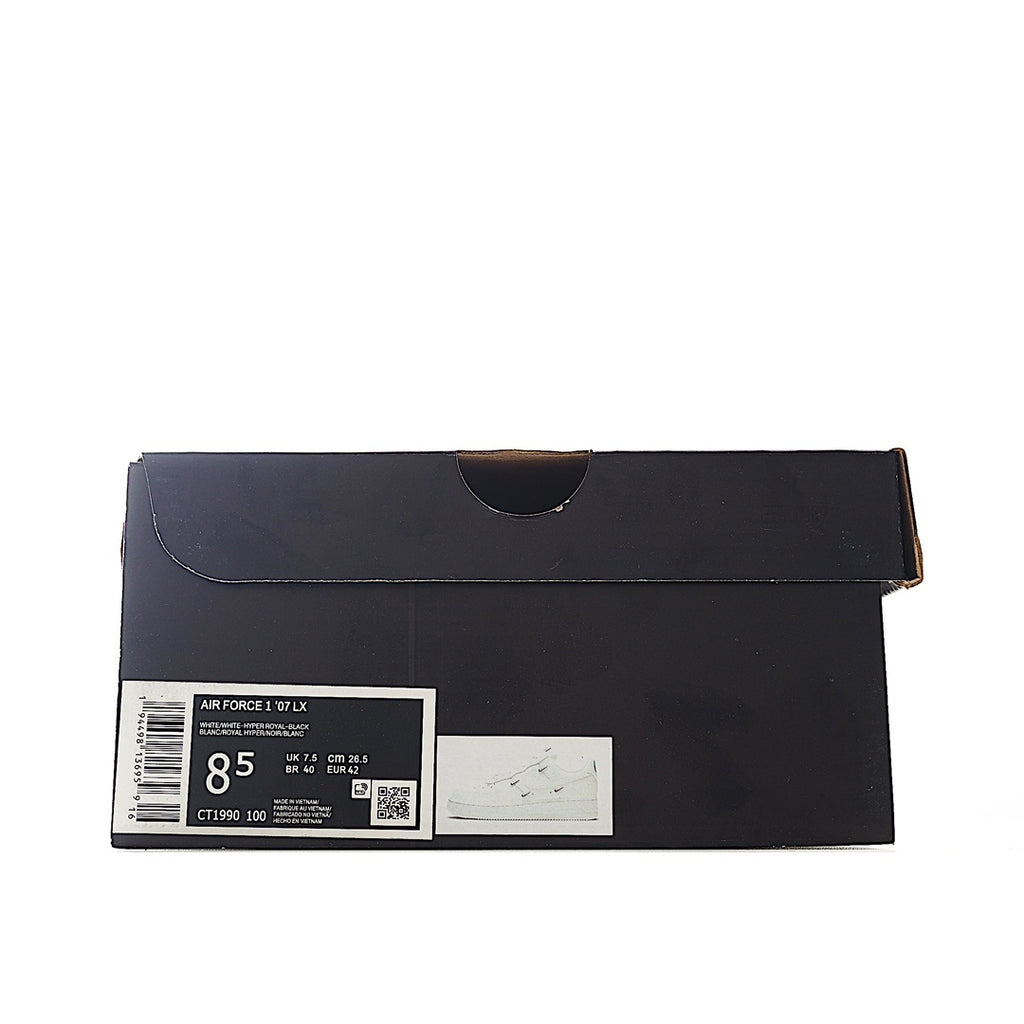 Black shoe box with size label and barcode