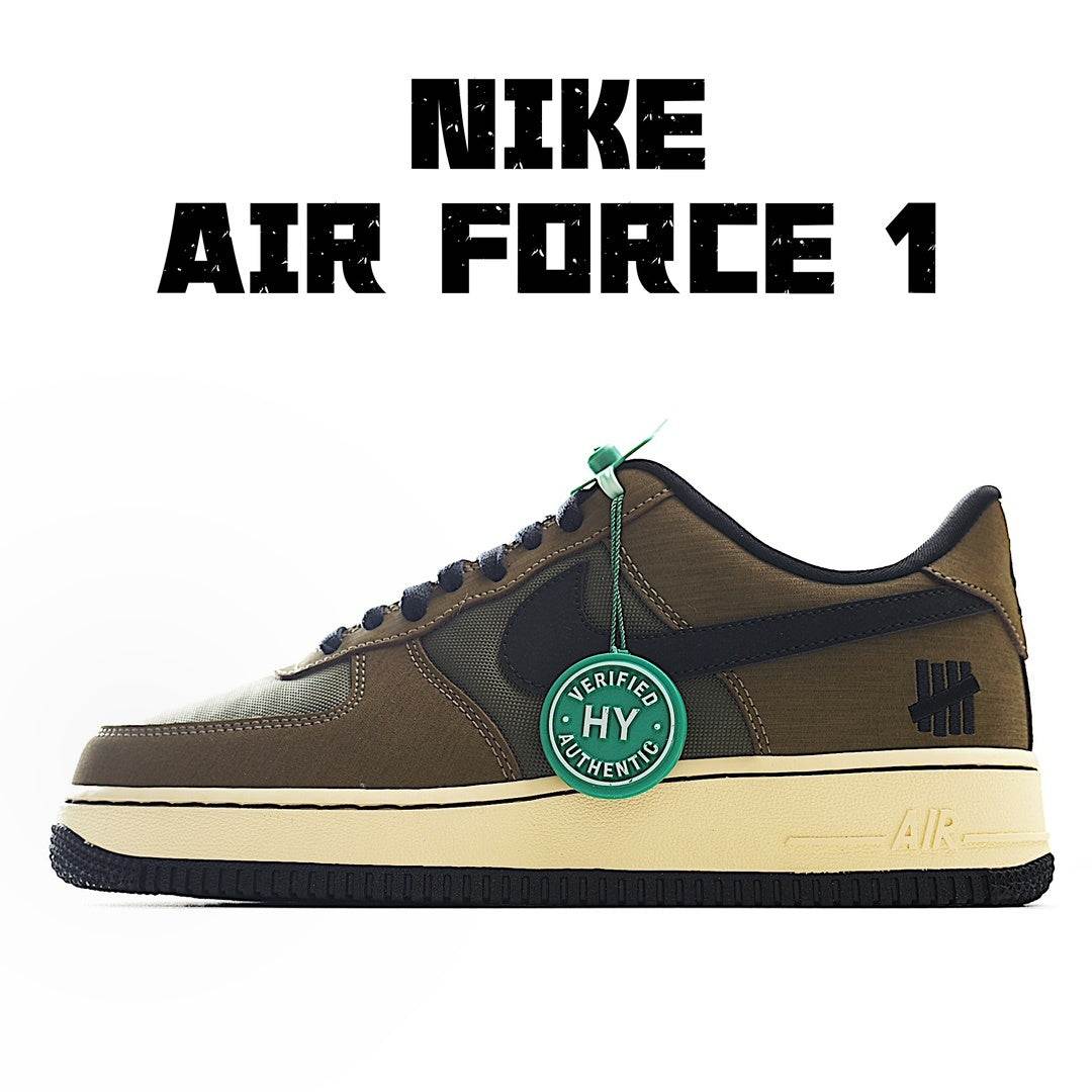 Nike Air Force 1 low-top lace-up sneakers, olive/brown with navy accents