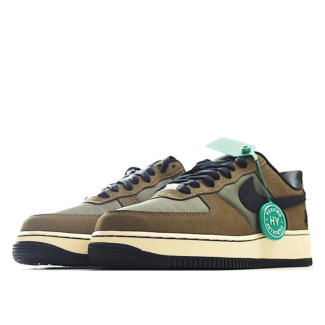 Nike Air Force 1 low-top sneakers with olive panels, brown overlays, navy swoosh