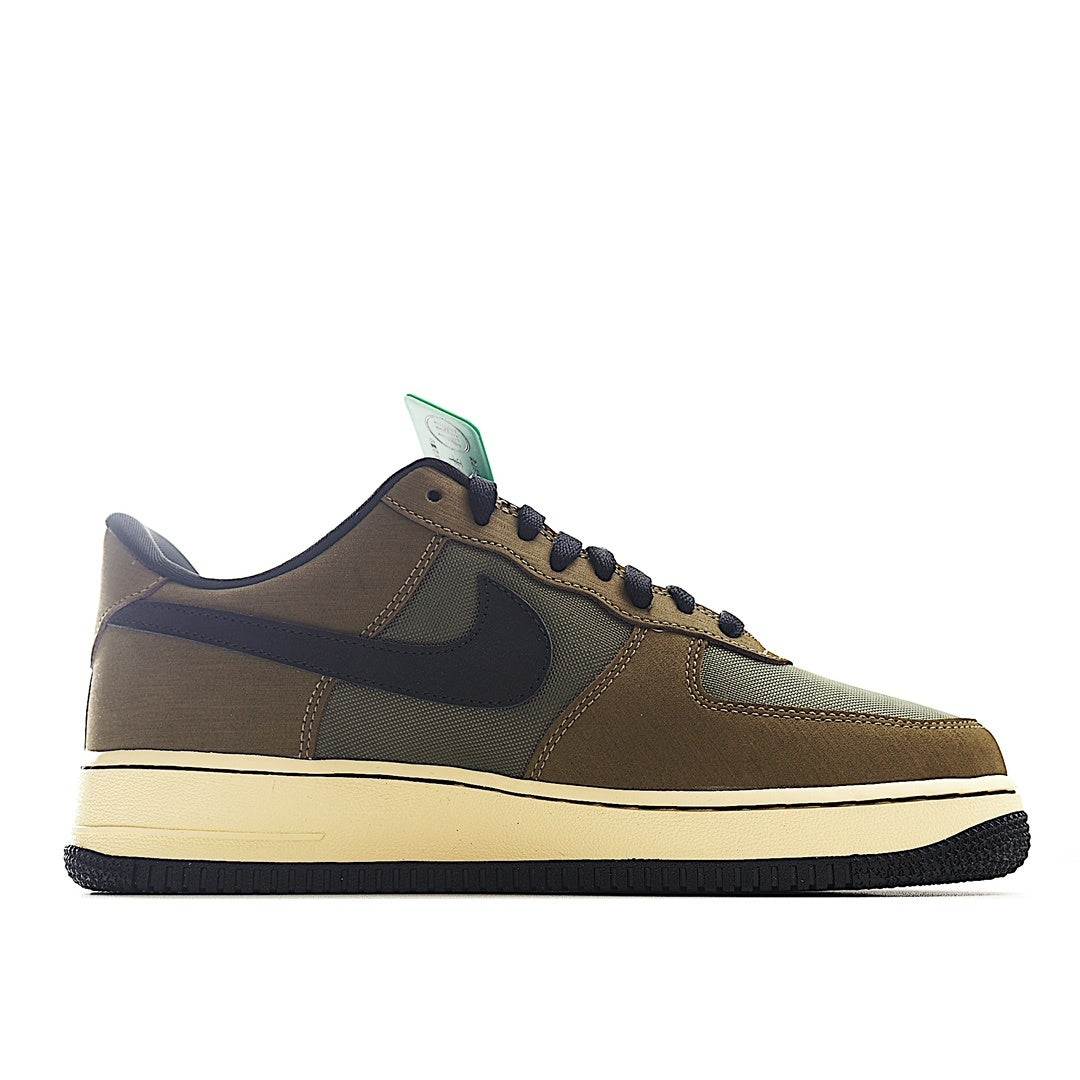 Nike Air Force 1 low-top sneakers with navy swoosh on olive-brown uppers