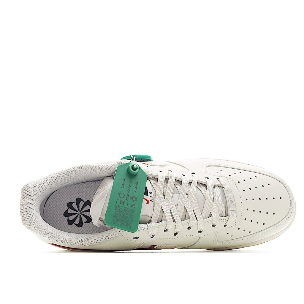 White Nike Air Force 1 sneaker interior side view with green tag, perforated toe