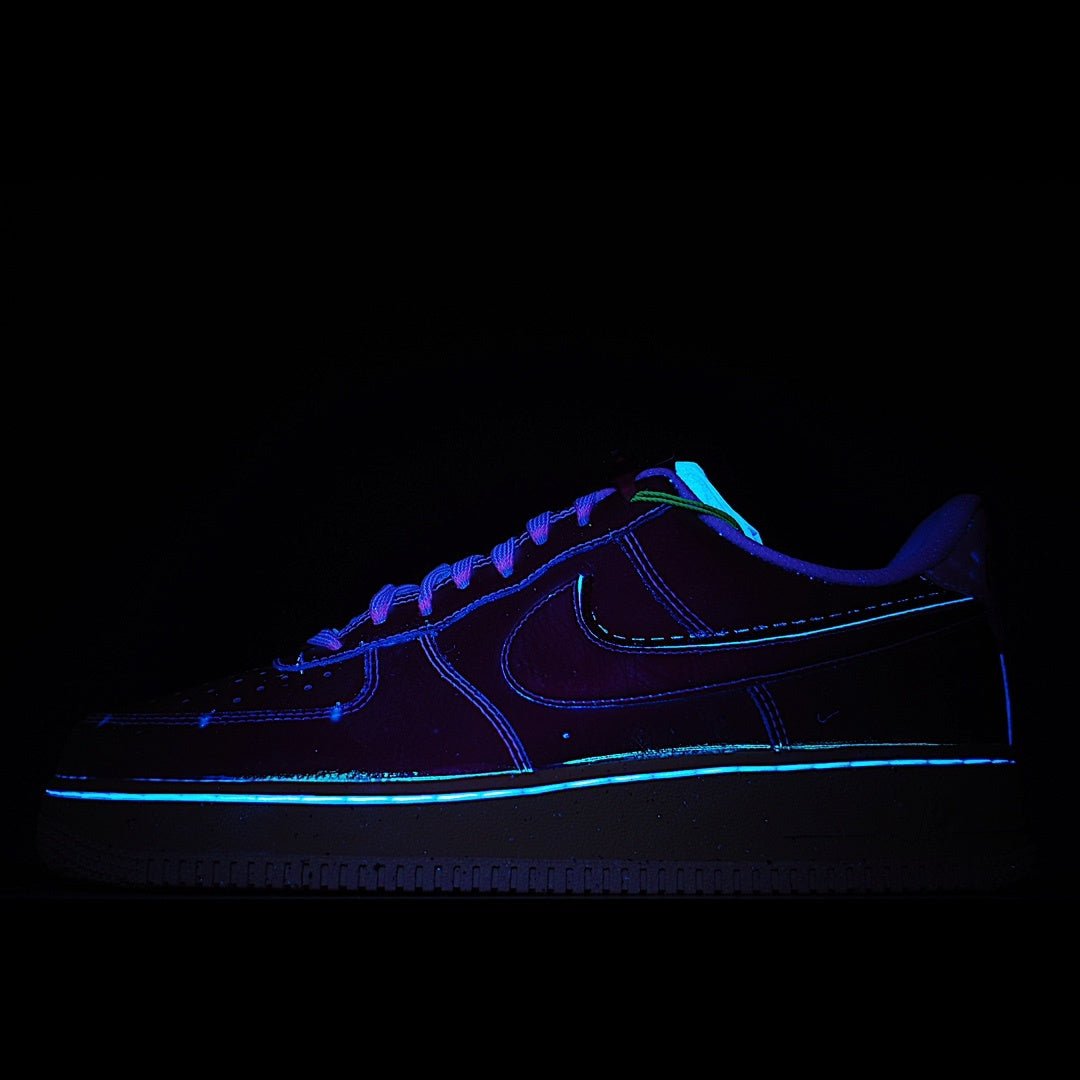 Blue neon Nike Air Force 1 sneaker with black sole