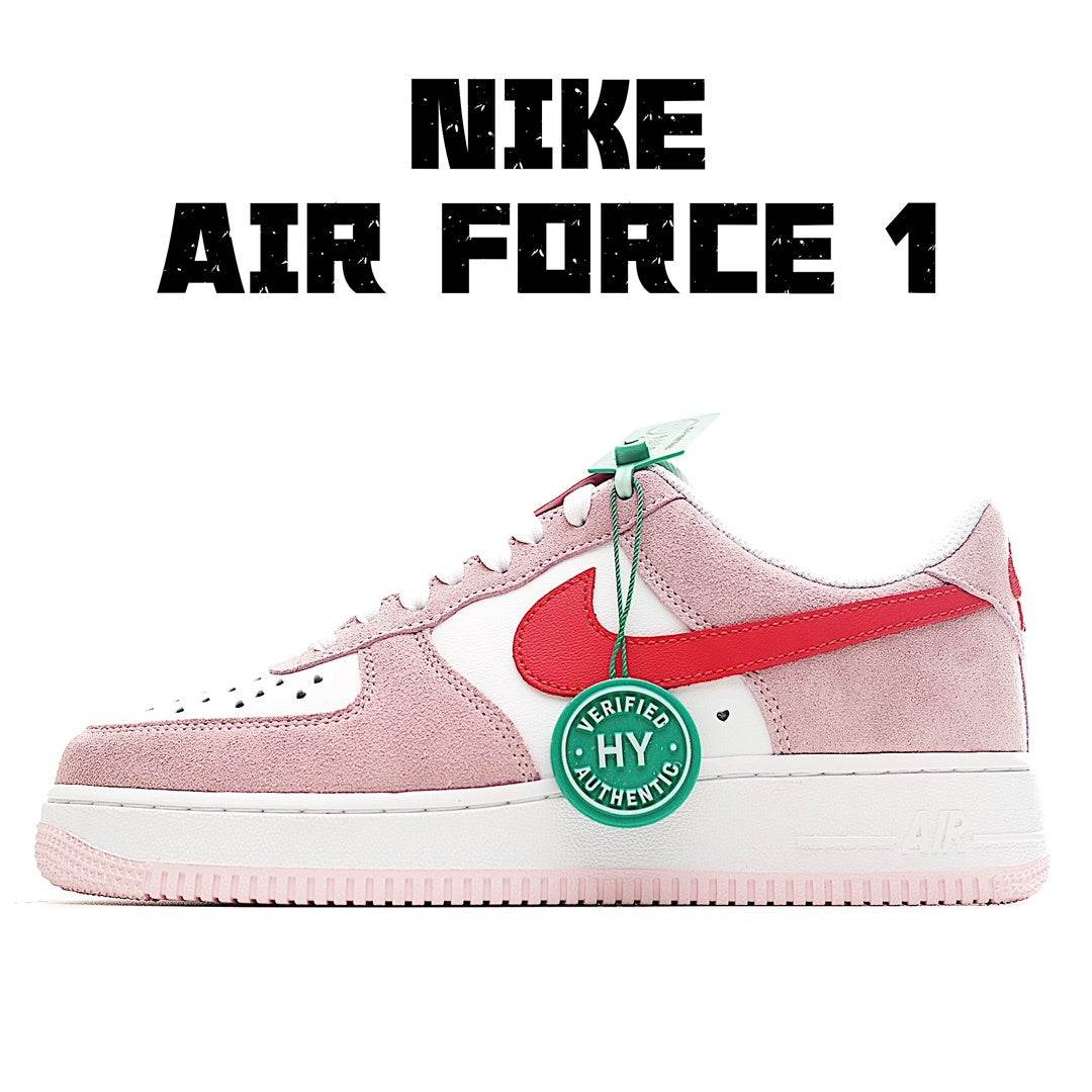 Nike Air Force 1 sneakers, pink suede with red swoosh and green HY tag