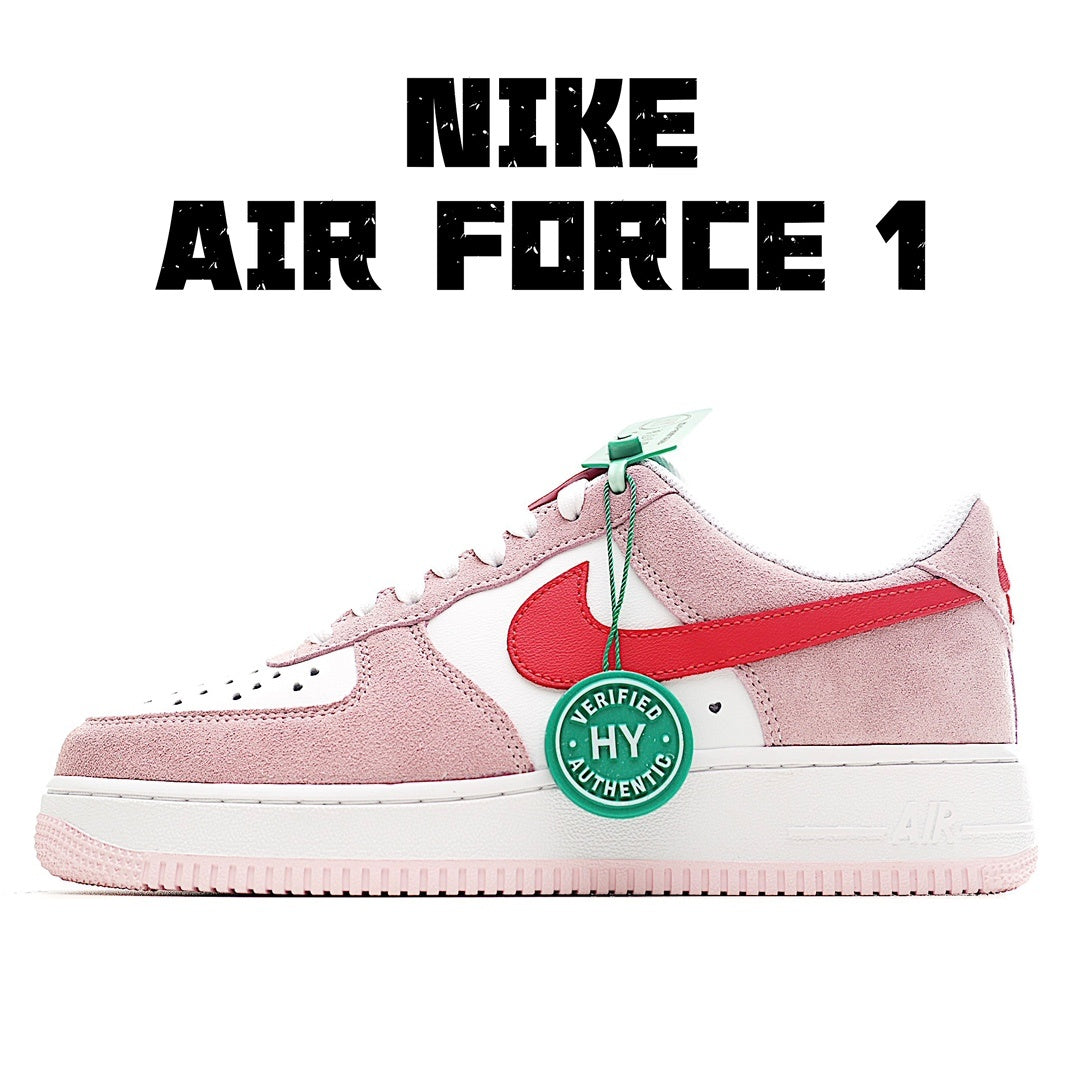 Pink and red Nike Air Force 1 low sneaker with HY Verified tag and lace-up
