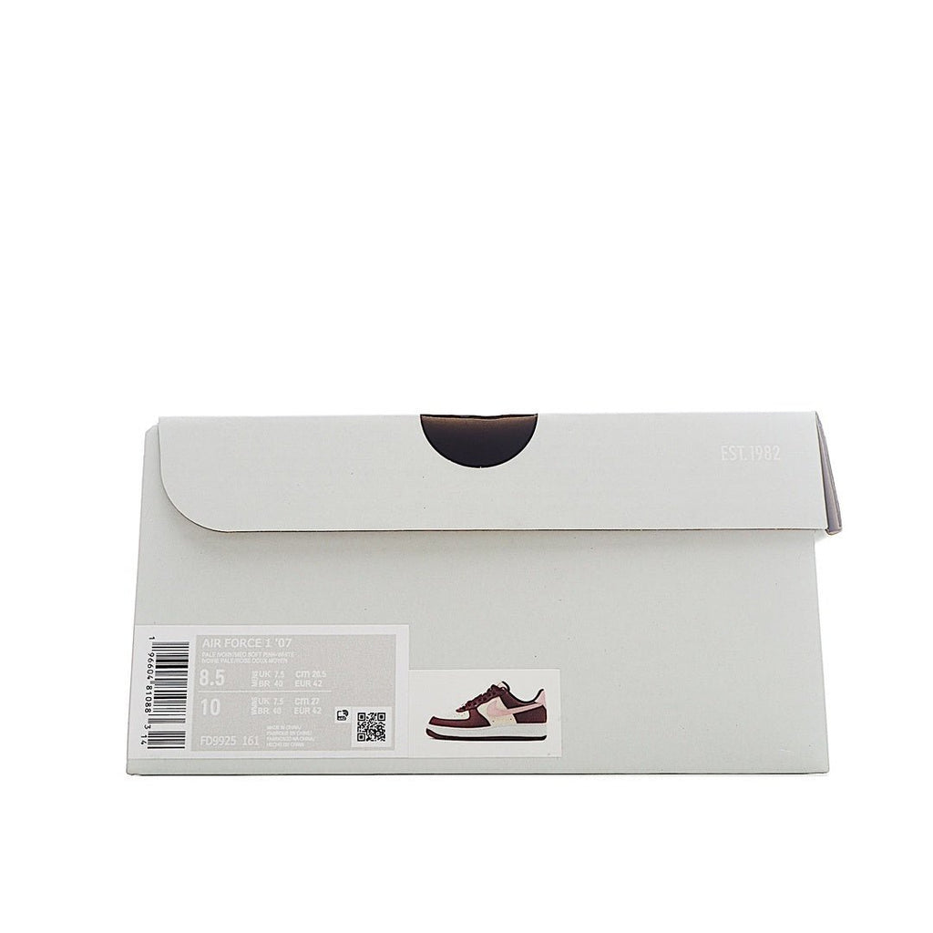White Nike Air Force 1 shoebox with barcode label and burgundy sneaker graphic