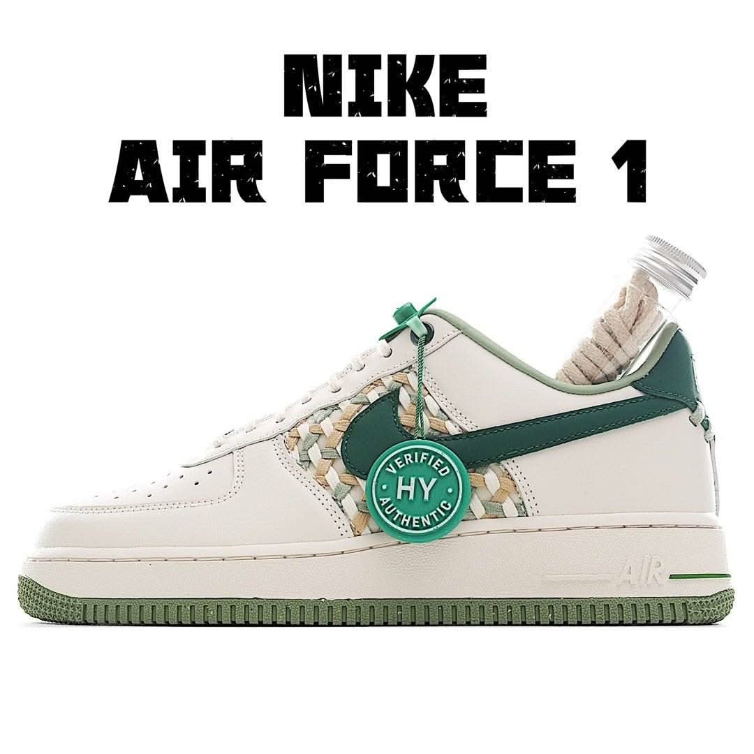 Nike Air Force 1 low-top sneakers, white and dark green with green rubber outsole
