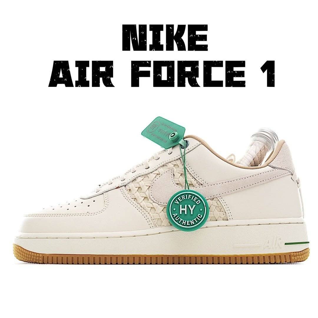 Nike Air Force 1 sneakers, off-white leather with green hang tags