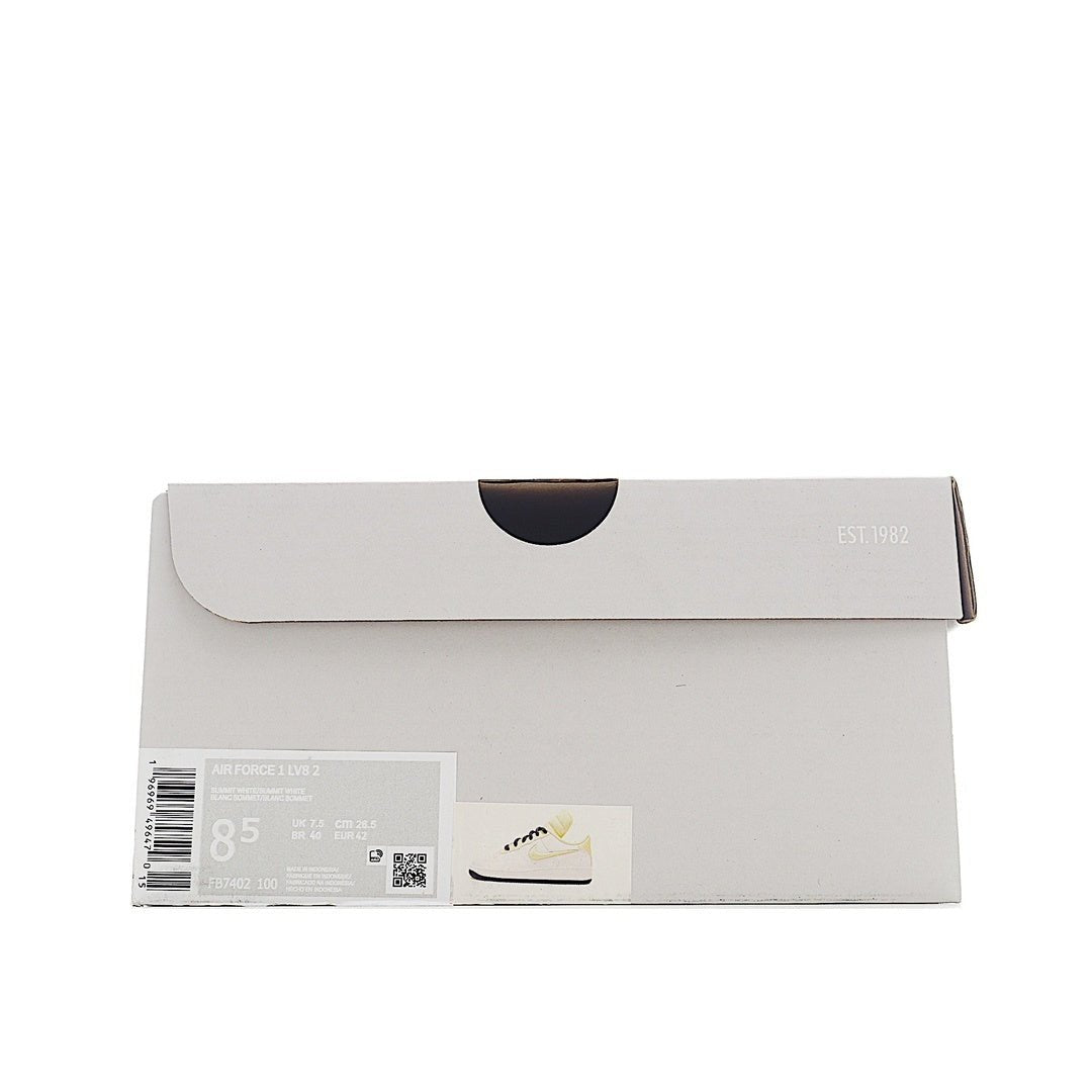 White Nike Air Force 1 shoebox with barcode label and size marking