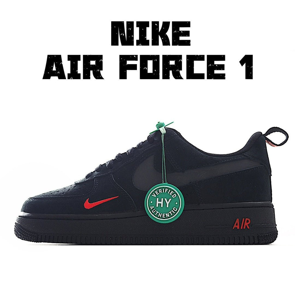 Black low-top Air Force 1-style sneaker with red swoosh and green badge