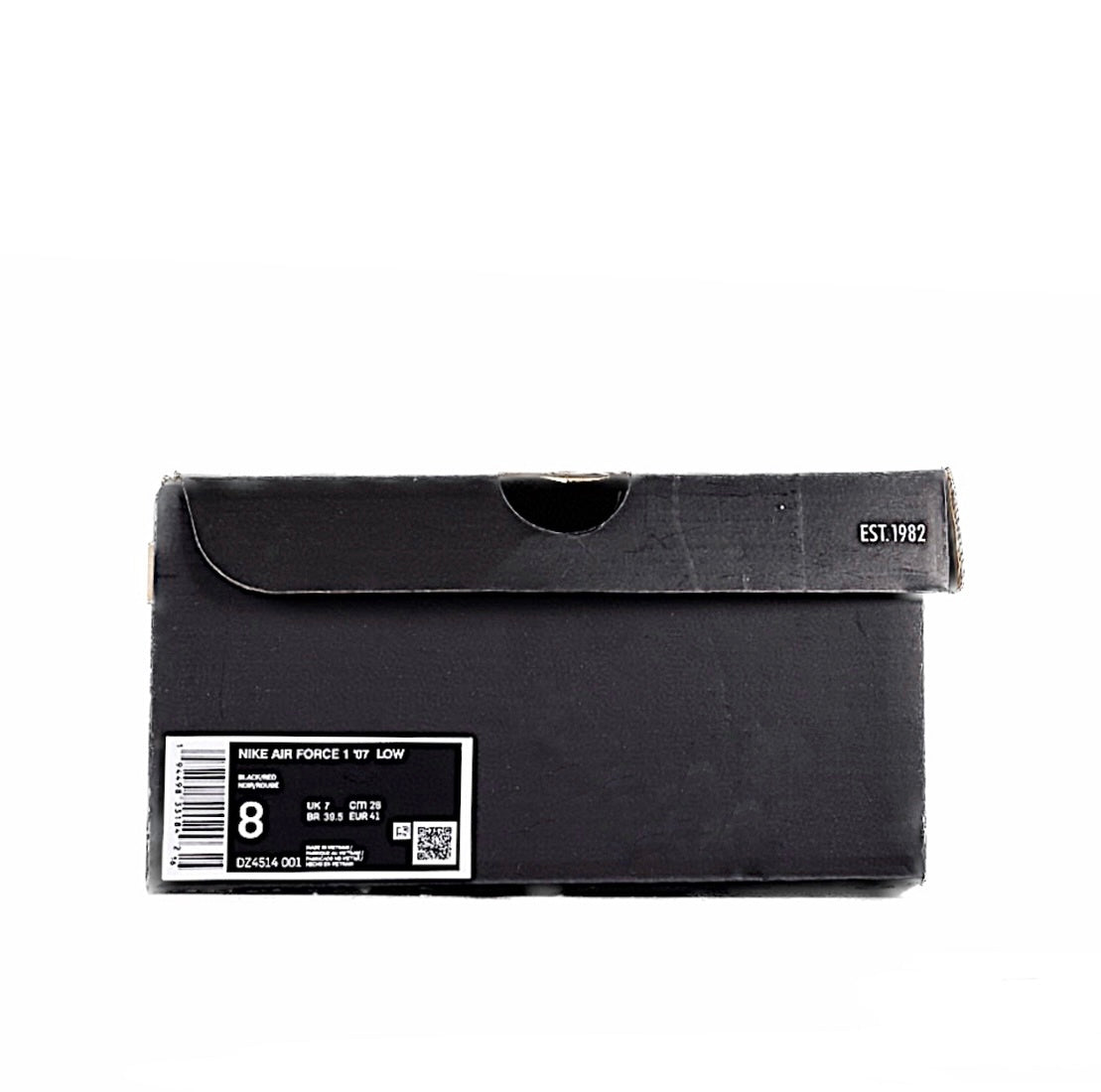 Black sneaker shoebox with size label and barcode