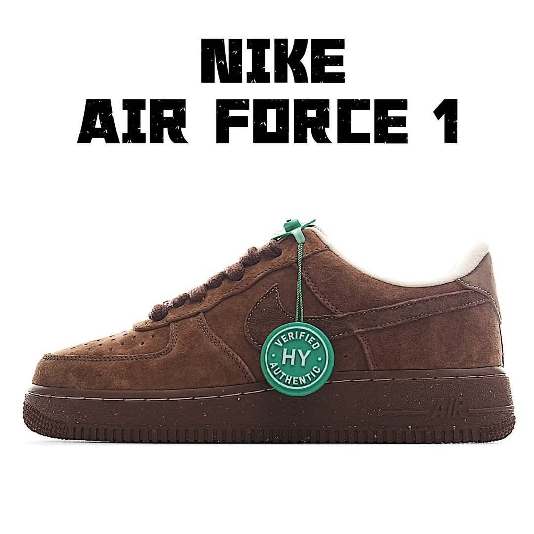 Brown suede Nike Air Force 1 low-top sneaker with green lace tag, side swoosh
