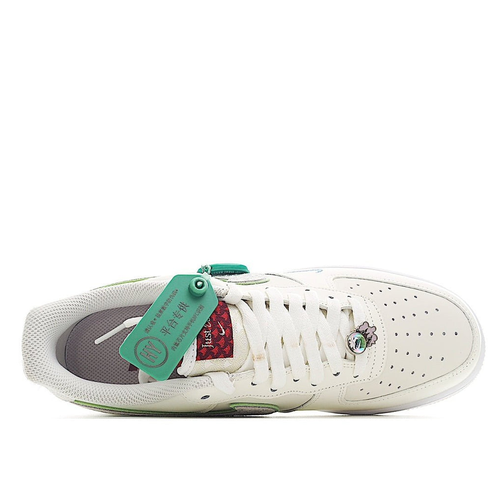 Nike Air Force 1 sneaker back view, white with mint green heel tag