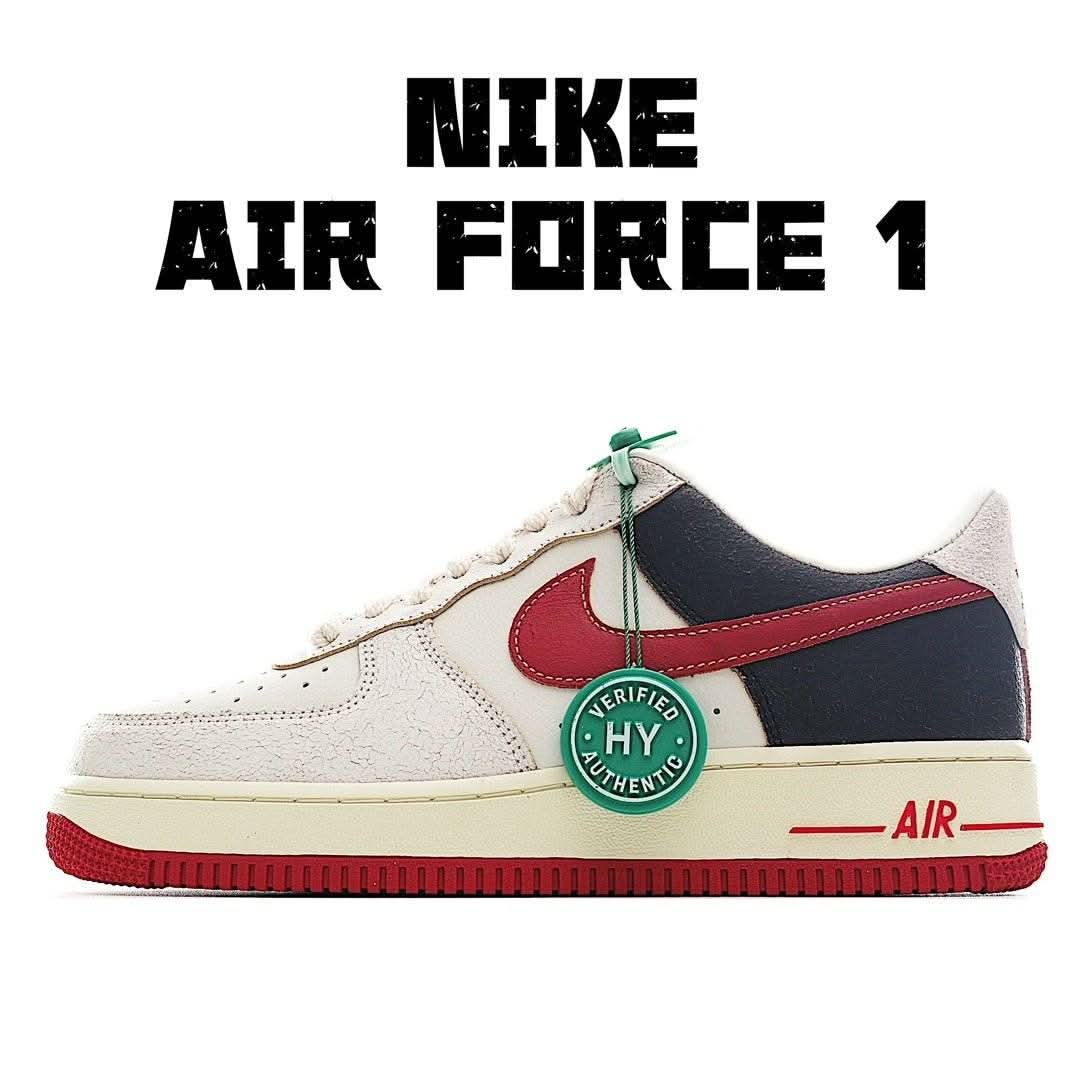 Low-top sneakers with white upper, navy panel, red swoosh, green laces, and red outsole