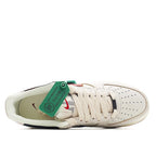 Nike Air Force 1 sneaker inside view, white leather upper with green hang tag