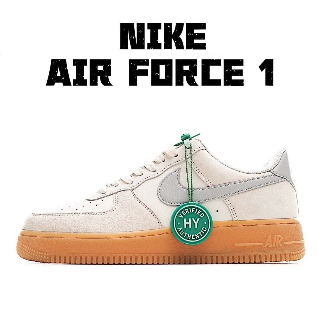Nike Air Force 1 sneakers, beige suede with gray swoosh and gum rubber sole