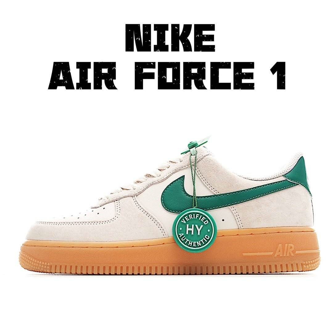 Low-top sneakers, cream upper with green swoosh and HY badge; gum outsole