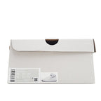 White shoebox with barcode label and small photo graphic on the front