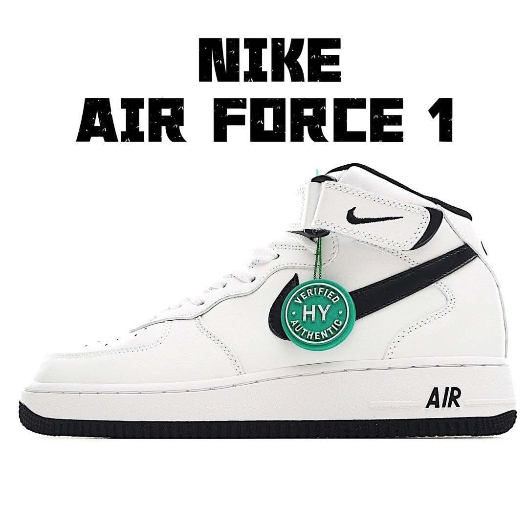 White high-top Nike Air Force 1 sneakers with black swoosh and green HY badge