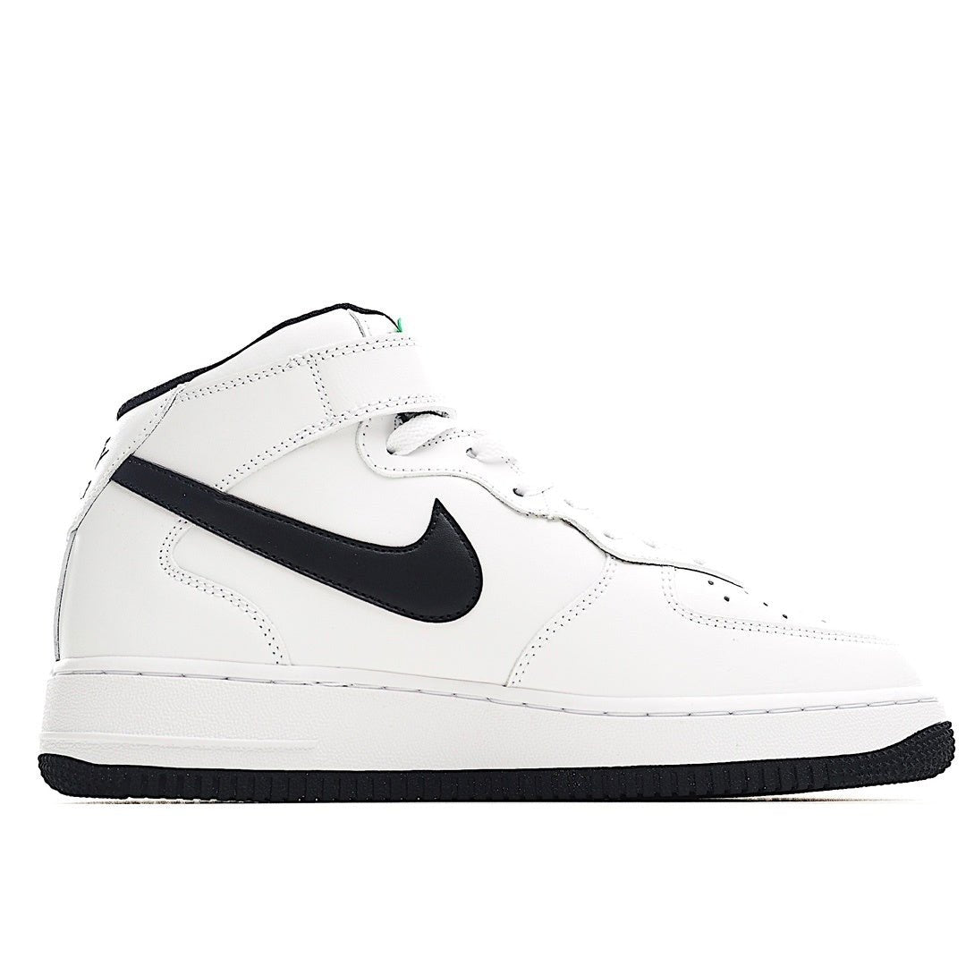 White low-top sneaker with black swoosh and stitched toe panel