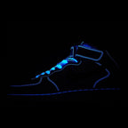 Dark blue and black high-top sneakers with neon blue outline and swoosh detail