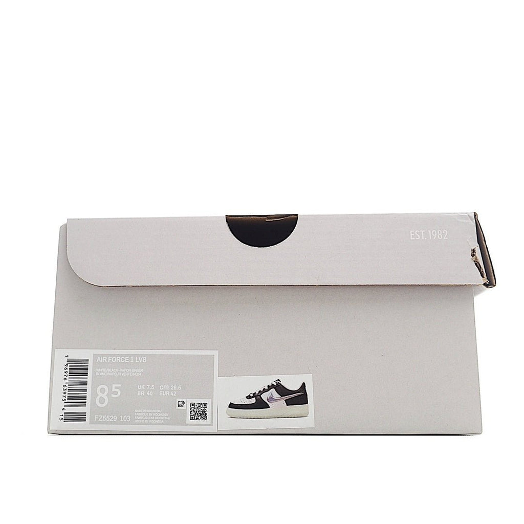 Light gray sneaker box with size label and small product graphic