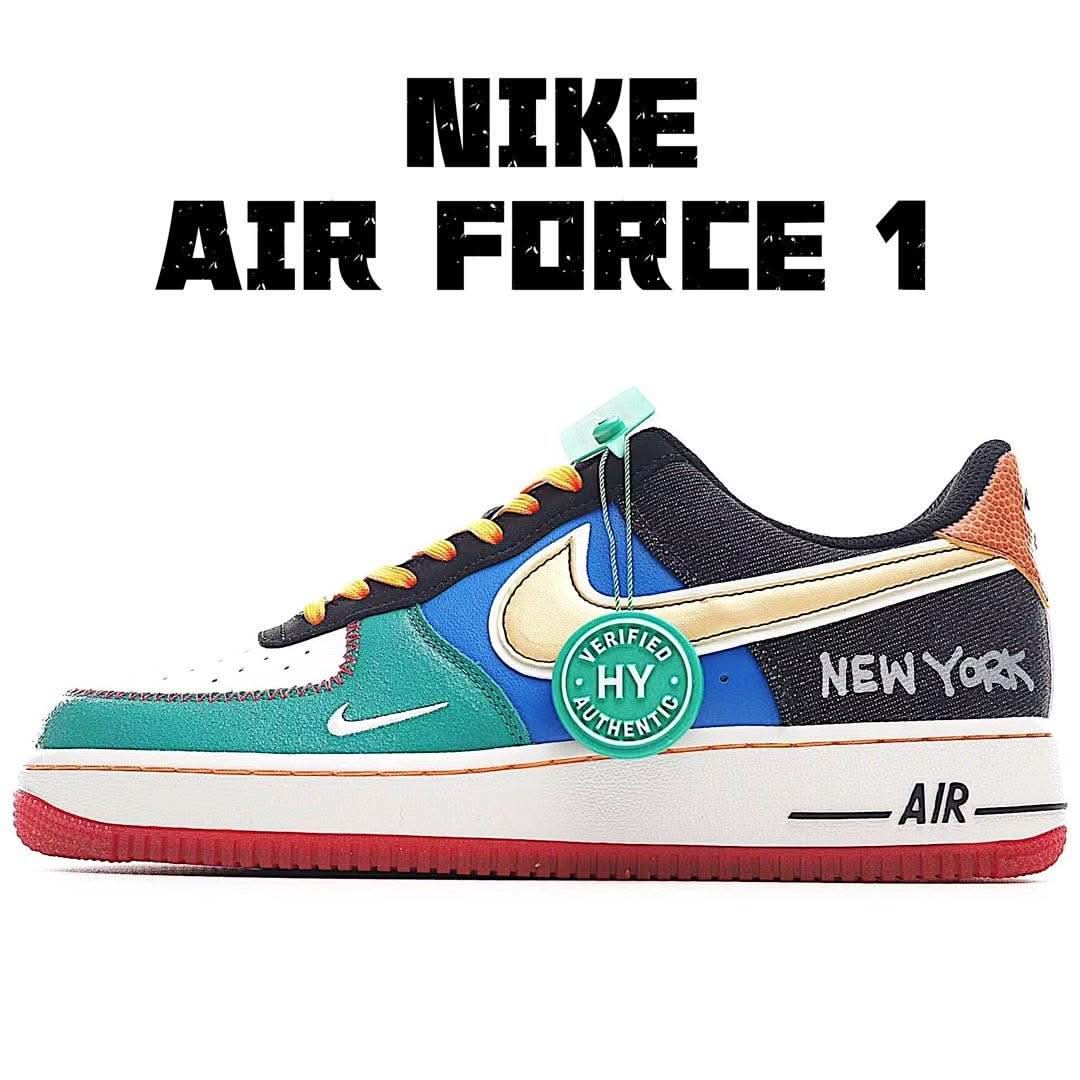 Nike Air Force 1 sneakers, teal and navy with multicolor laces and white midsole