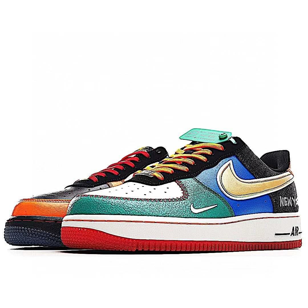Nike Air Force 1 sneakers, white, teal, and black with red laces and yellow swoosh