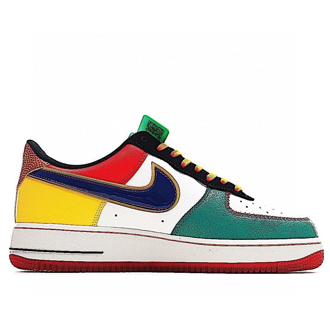 Nike Air Force 1 sneakers, white base with red, yellow, green, and blue panels