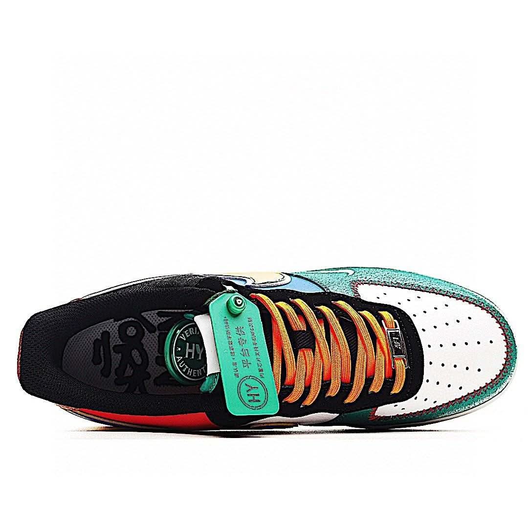 Nike Air Force 1 sneaker, close-up side view with black laces, teal accents, and badge