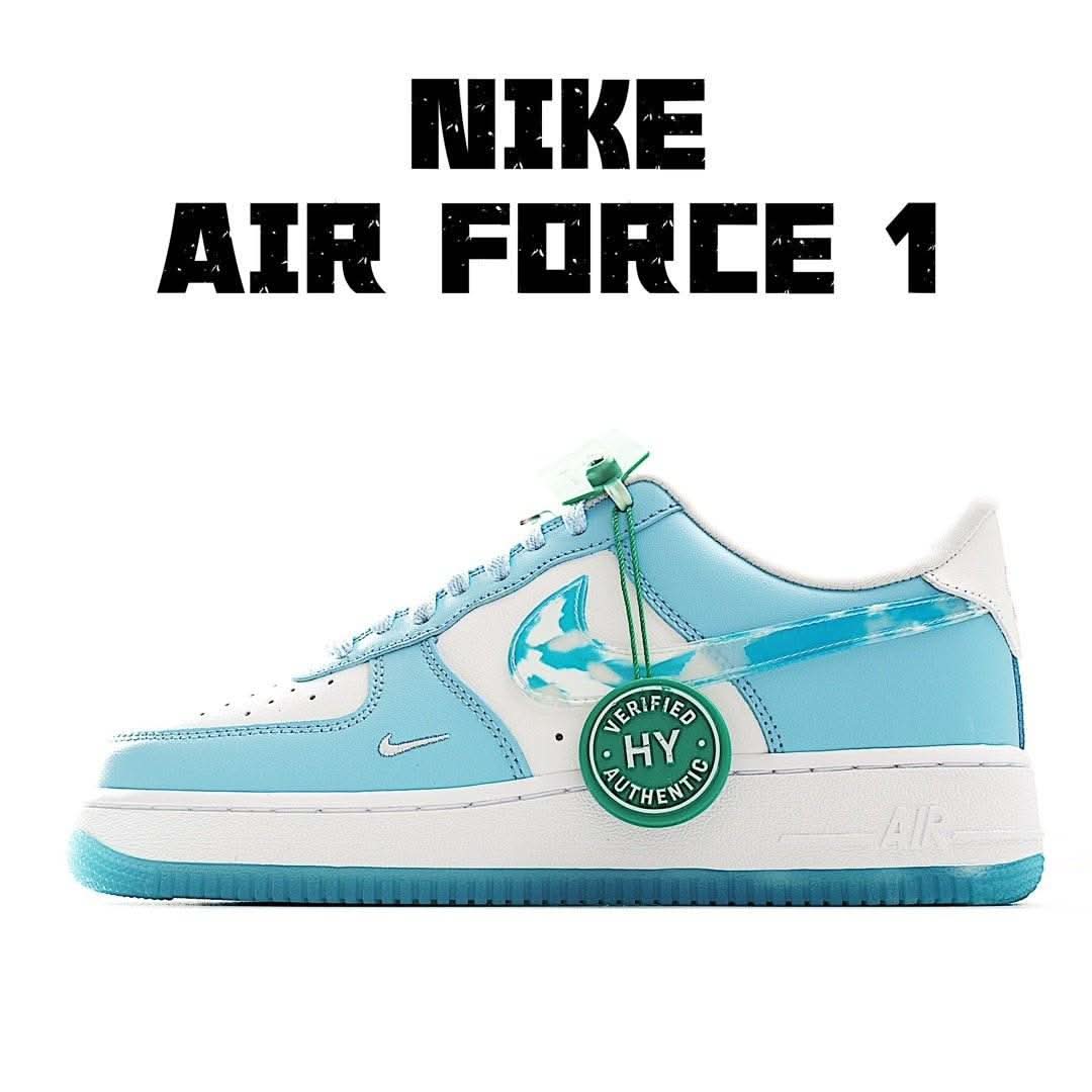 Light blue and white Nike low-top sneaker with swoosh and round HY authenticity badge